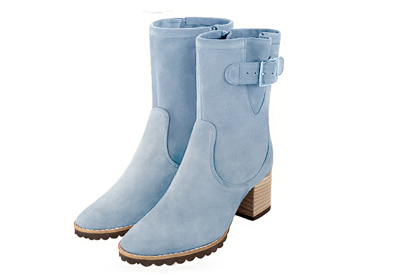 Sky blue women's ankle boots with buckles on the sides. Round toe. Medium block heels. Front view - Florence KOOIJMAN